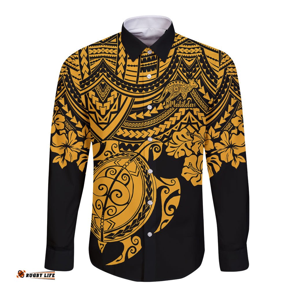 Custom Australia Matildas Long Sleeve Button Shirt Hibiscus and Turtle With Polynesian Pattern