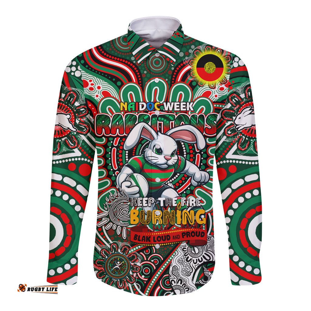 Custom NAIDOC Week 2024 Rabbitohs Long Sleeve Button Shirt Mascot Rugby