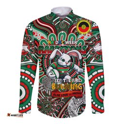 Custom NAIDOC Week 2024 Rabbitohs Long Sleeve Button Shirt Mascot Rugby
