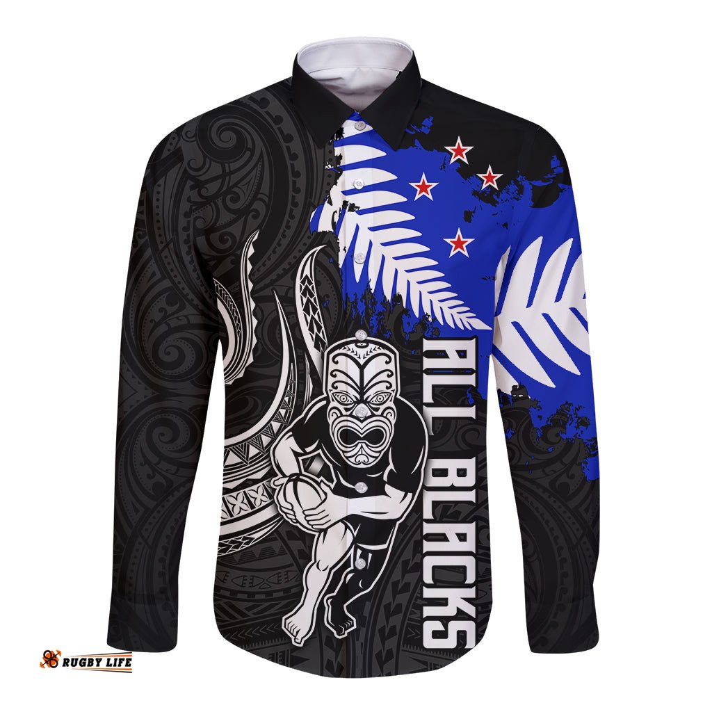 Aotearoa Rugby Long Sleeve Button Shirt All Black Maori Fern