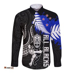 Aotearoa Rugby Long Sleeve Button Shirt All Black Maori Fern
