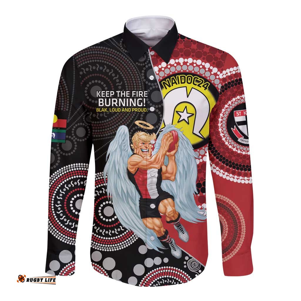 Custom AFL St Kilda NAIDOC Week Long Sleeve Button Shirt Keep The Fire Burning Indigenous Art