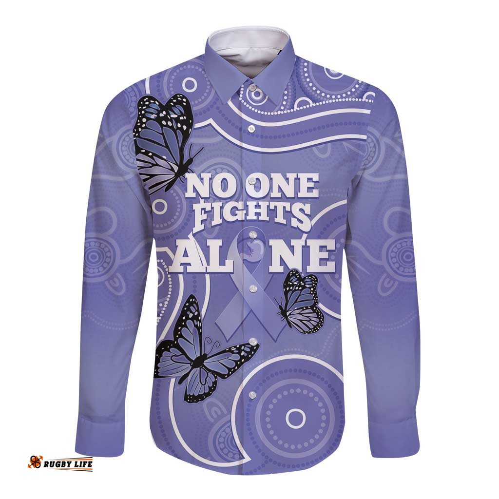 Australia Stomach Cancer Awareness Long Sleeve Button Shirt No One Fights Alone Aboriginal Art