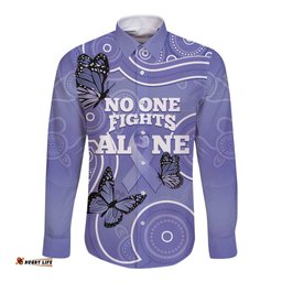 Australia Stomach Cancer Awareness Long Sleeve Button Shirt No One Fights Alone Aboriginal Art