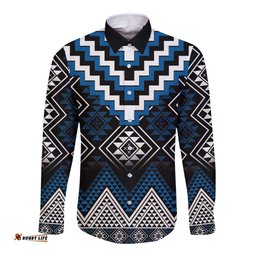 Blue Taniko Aotearoa Long Sleeve Button Shirt Niho Taniwha Mix Poutama