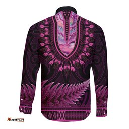 Pink African Dashiki With Aotearoa Maori Long Sleeve Button Shirt Paua Shell Mix Silver Fern