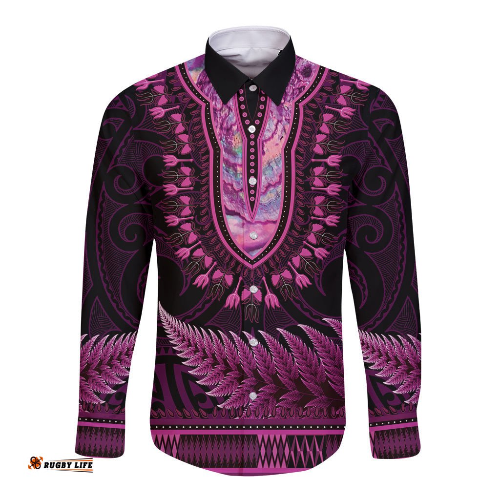 Pink African Dashiki With Aotearoa Maori Long Sleeve Button Shirt Paua Shell Mix Silver Fern