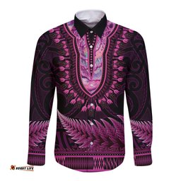Pink African Dashiki With Aotearoa Maori Long Sleeve Button Shirt Paua Shell Mix Silver Fern