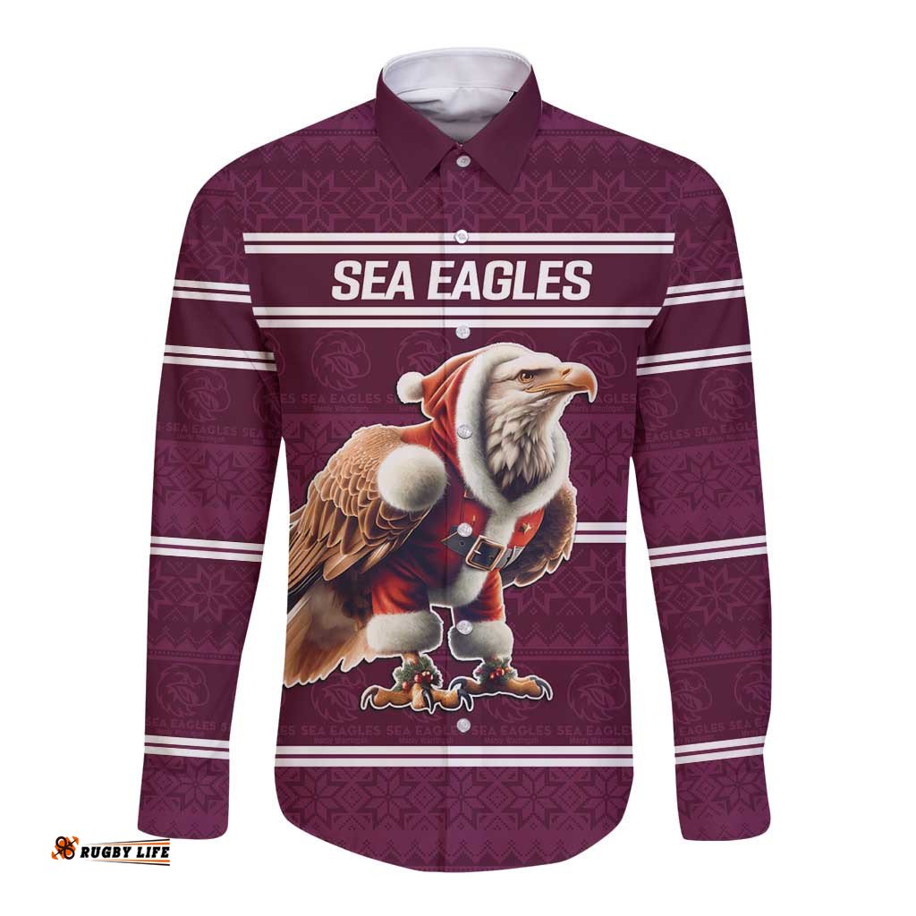 NRL Manly Warringah Christmas Personalised Long Sleeve Button Shirt with Sea Eagles Mascot