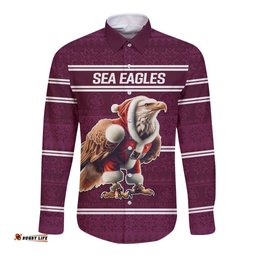 NRL Manly Warringah Christmas Personalised Long Sleeve Button Shirt with Sea Eagles Mascot