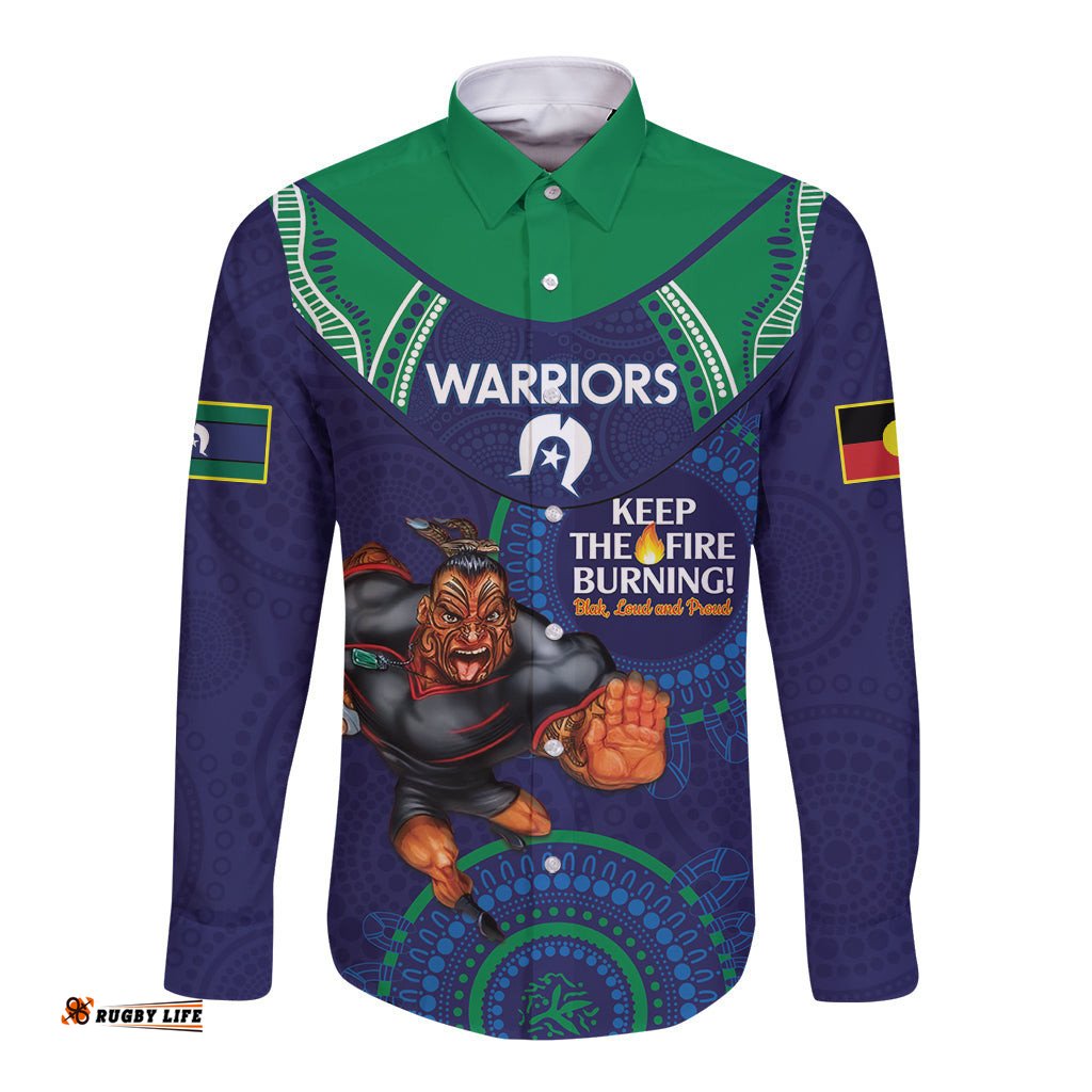 Custom NRL Warriors NAIDOC Week Long Sleeve Button Shirt Keep The Fire Burning Indigenous Art