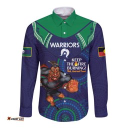 Custom NRL Warriors NAIDOC Week Long Sleeve Button Shirt Keep The Fire Burning Indigenous Art