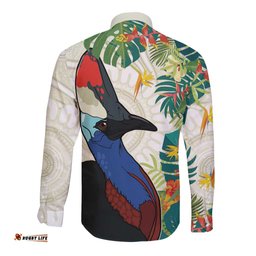 Cassowary Australia Long Sleeve Button Shirt Tropical Flowers Mix Aboriginal Art
