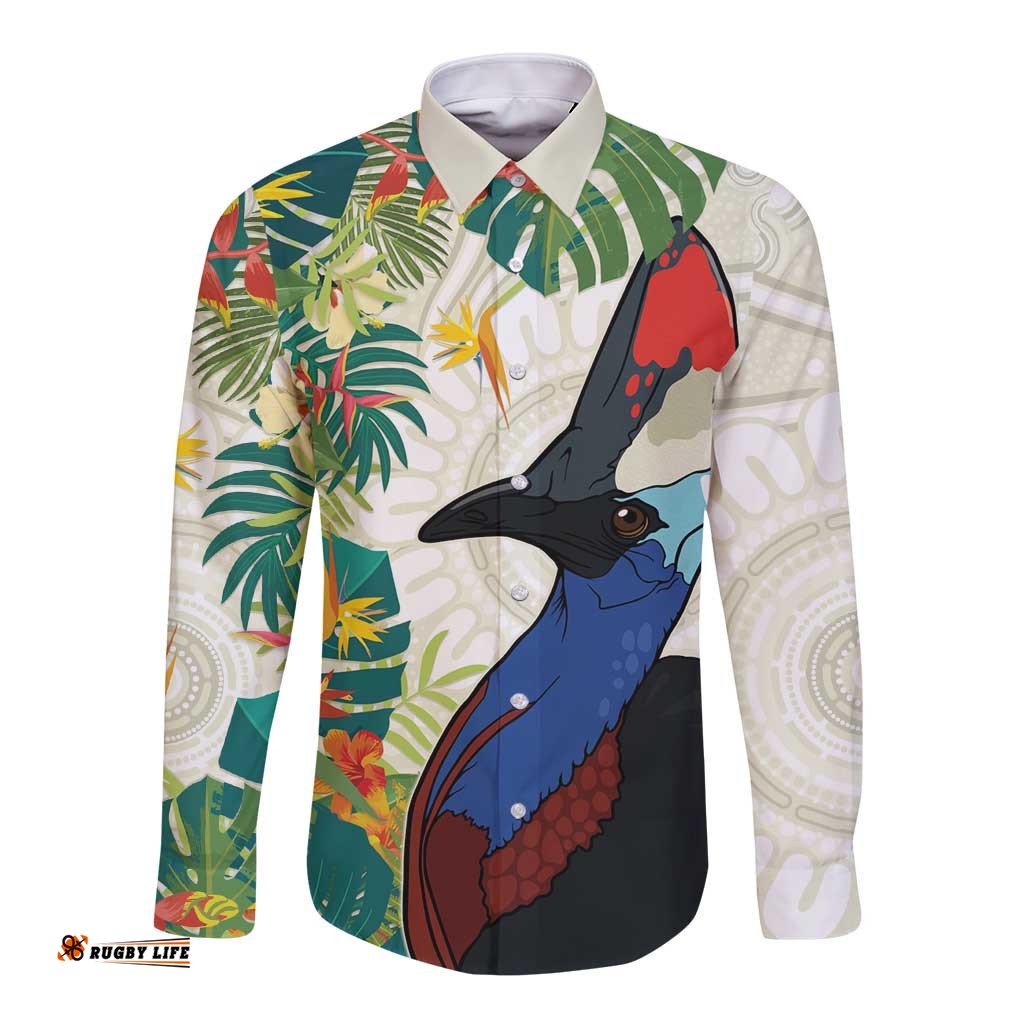 Cassowary Australia Long Sleeve Button Shirt Tropical Flowers Mix Aboriginal Art