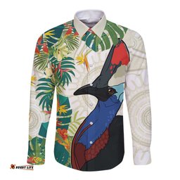 Cassowary Australia Long Sleeve Button Shirt Tropical Flowers Mix Aboriginal Art