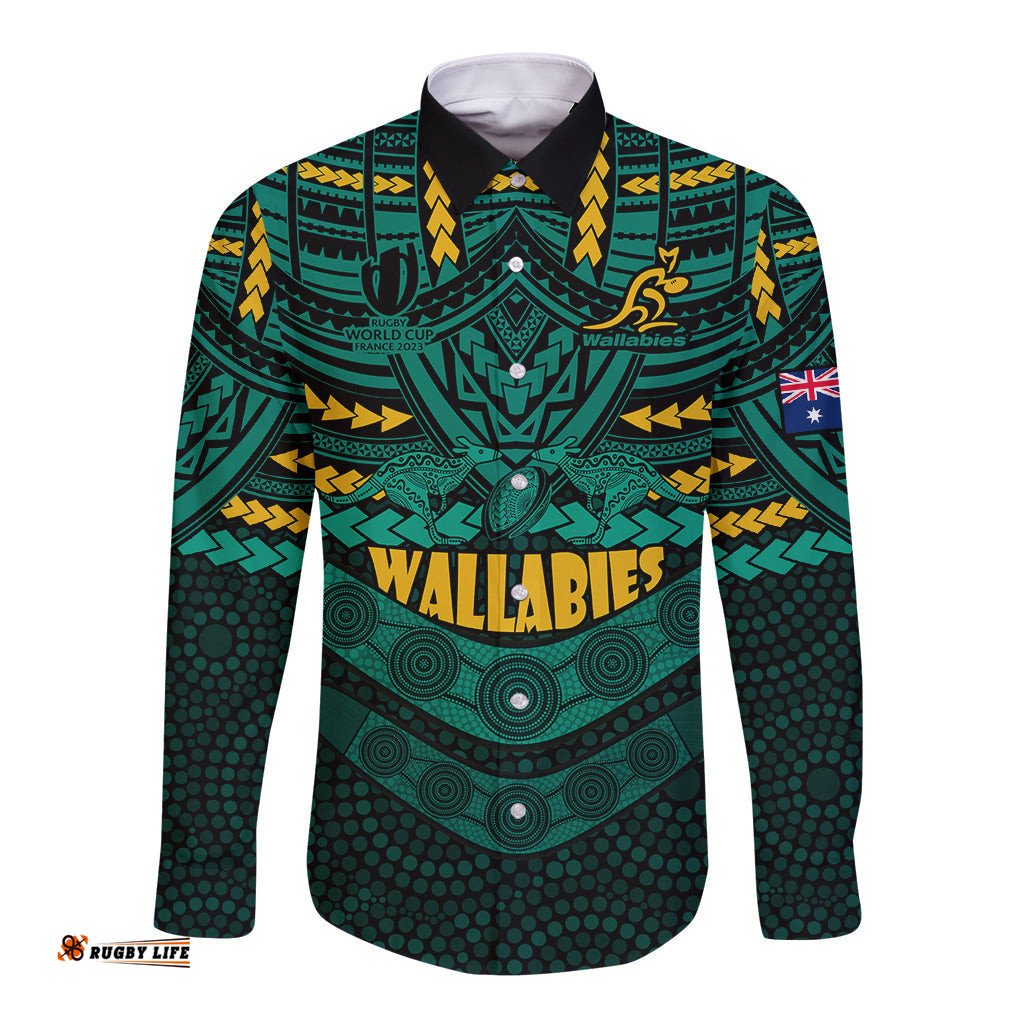 Custom Wallabies Rugby Long Sleeve Button Shirt Polynesian and Aboriginal Special Green Version