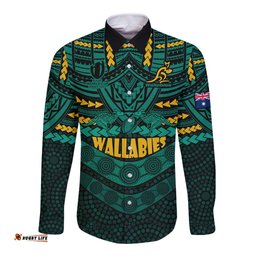 Custom Wallabies Rugby Long Sleeve Button Shirt Polynesian and Aboriginal Special Green Version