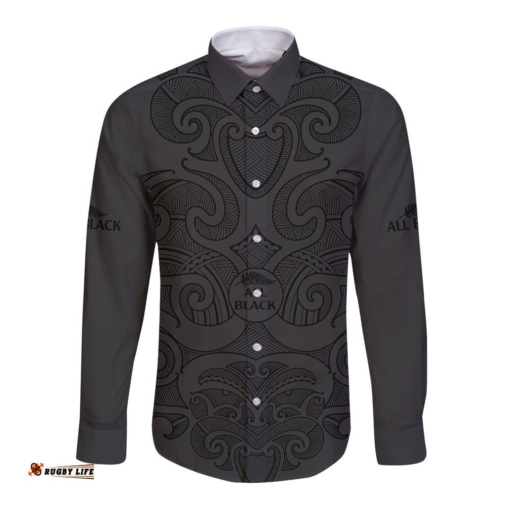 Custom Text And Number New Zealand Rugby Long Sleeve Button Shirt All Black Fern with Maori Tribal Pattern