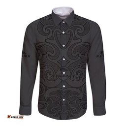 Custom Text And Number New Zealand Rugby Long Sleeve Button Shirt All Black Fern with Maori Tribal Pattern