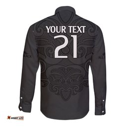 Custom Text And Number New Zealand Rugby Long Sleeve Button Shirt All Black Fern with Maori Tribal Pattern