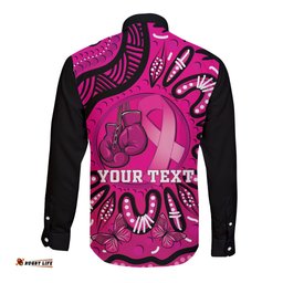 Personalised Australia Breast Cancer Long Sleeve Button Shirt Pink Boxing Ribbon Be Strong And Fight On