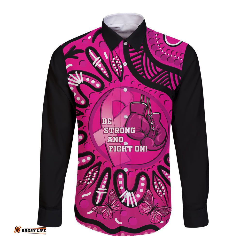 Personalised Australia Breast Cancer Long Sleeve Button Shirt Pink Boxing Ribbon Be Strong And Fight On