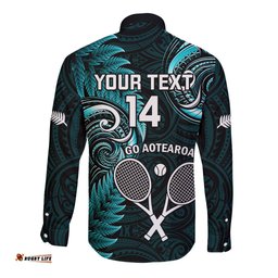Custom New Zealand Tiki Tennis Long Sleeve Button Shirt 2024 Aotearoa Tenehi Maori Silver Fern Turquoise