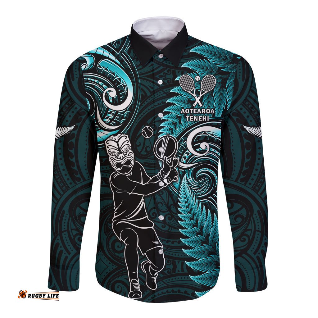 Custom New Zealand Tiki Tennis Long Sleeve Button Shirt 2024 Aotearoa Tenehi Maori Silver Fern Turquoise