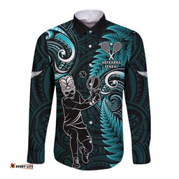 Custom New Zealand Tiki Tennis Long Sleeve Button Shirt 2024 Aotearoa Tenehi Maori Silver Fern Turquoise