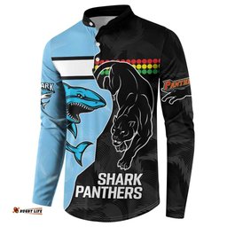 NRL Panthers-Shark Mascot Custom Button Sweatshirt Cracked Metal Style
