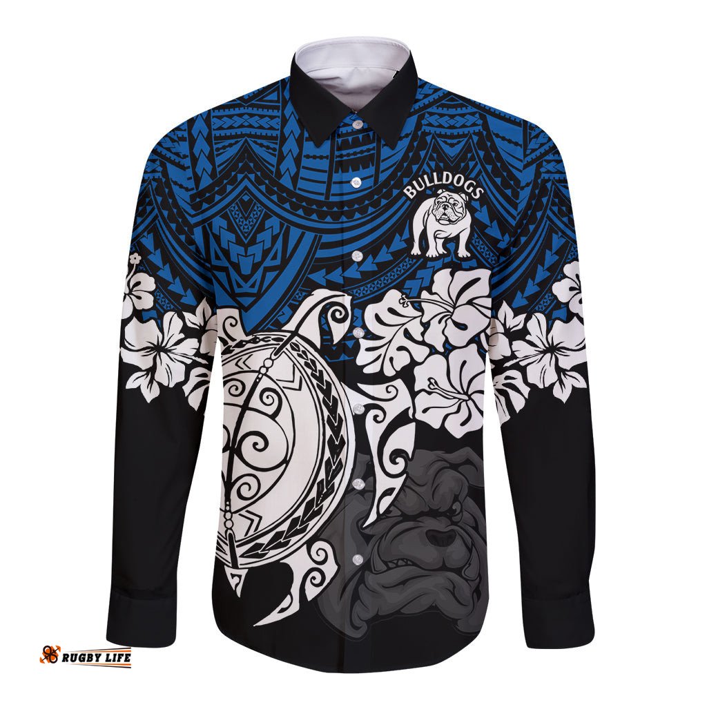 Custom Bulldogs Rugby Long Sleeve Button Shirt Berries Hibiscus and Turtle With Polynesian Pattern