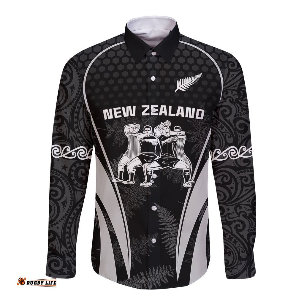 Custom New Zealand Aotearoa Rugby Long Sleeve Button Shirt Haka Dance Mixed Silver Fern Sporty Style