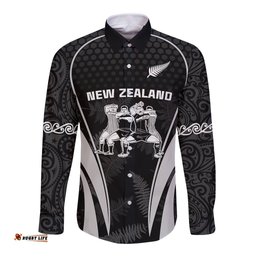 Custom New Zealand Aotearoa Rugby Long Sleeve Button Shirt Haka Dance Mixed Silver Fern Sporty Style