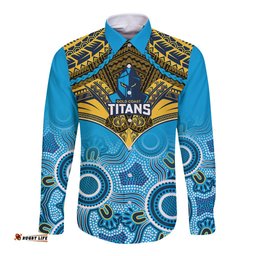 Personalised Titans Rugby Long Sleeve Button Shirt Aboriginal Mix Polynesian Pattern