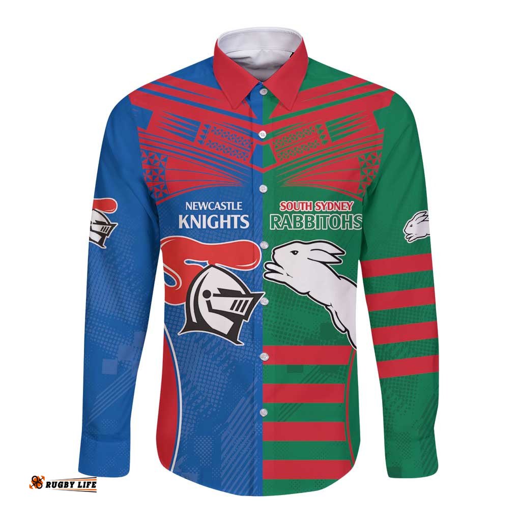 Custom Knights and Rabbitohs Rugby Long Sleeve Button Shirt Sporty Style