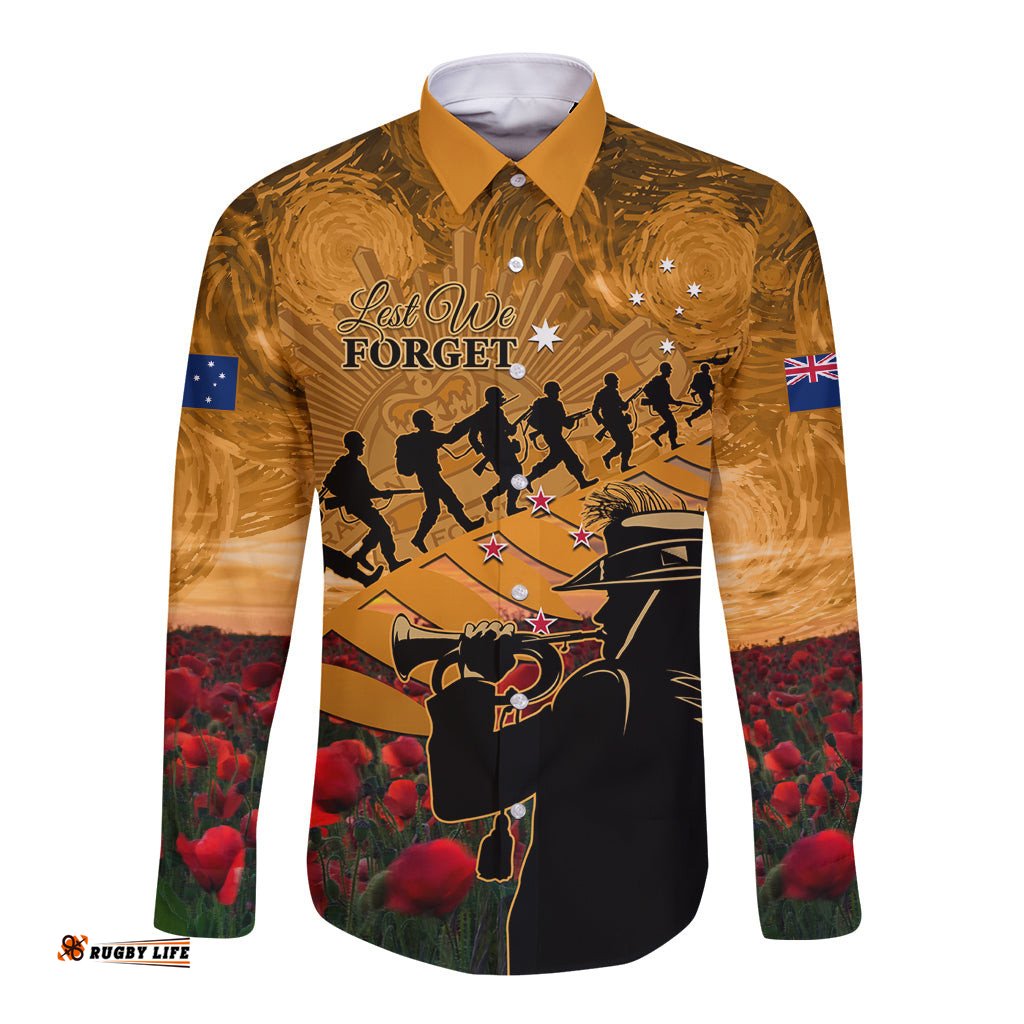 ANZAC Day 2024 Long Sleeve Button Shirt Silver Fern With A Trumpet Soldier