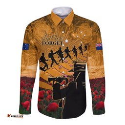 ANZAC Day 2024 Long Sleeve Button Shirt Silver Fern With A Trumpet Soldier