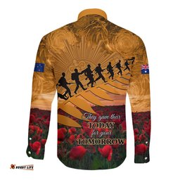 ANZAC Day 2024 Long Sleeve Button Shirt Silver Fern With A Trumpet Soldier
