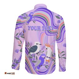 Personalised Australia Hippie Christmas Long Sleeve Button Shirt Cockatoo Kookaburra with Wattle Violet Pastel Color