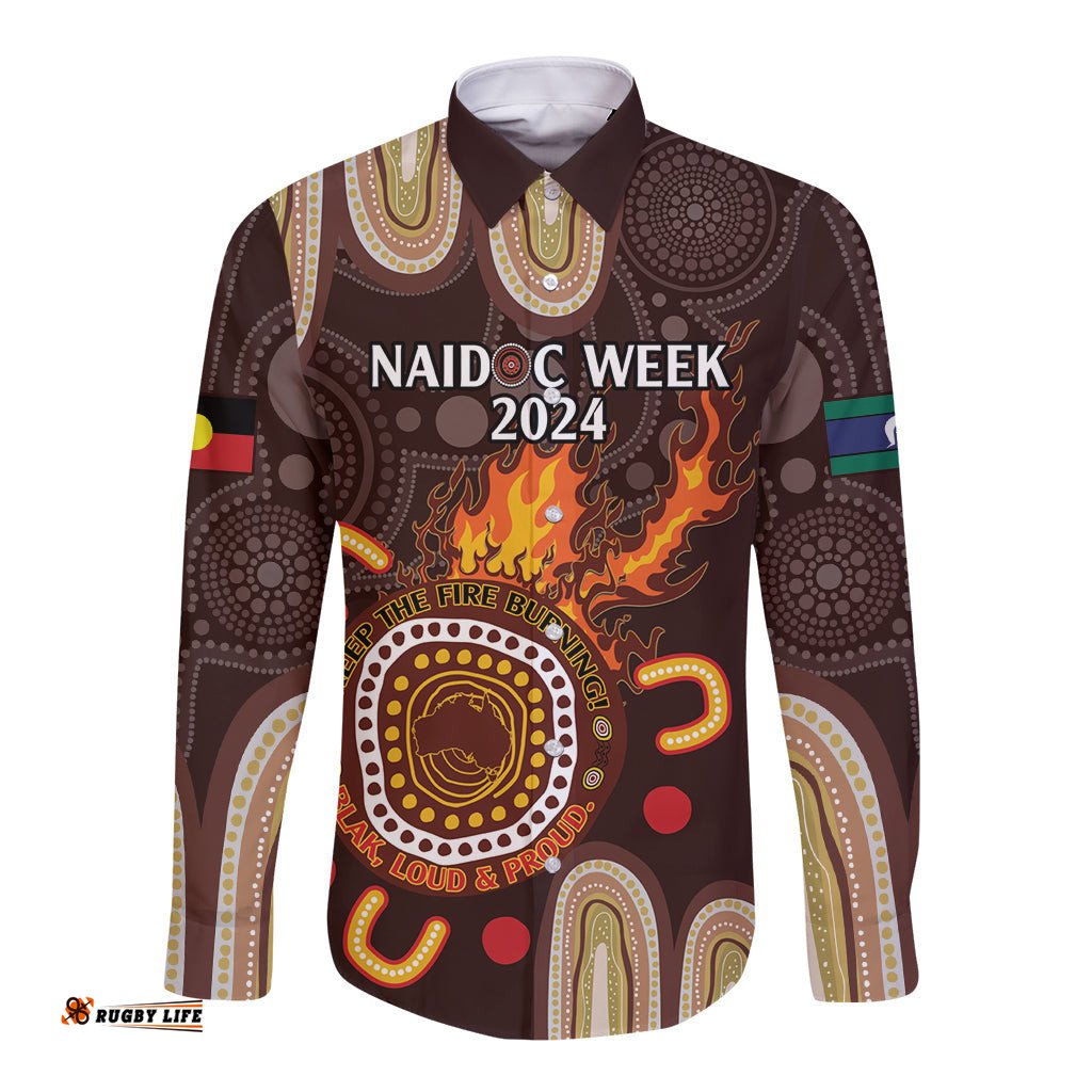 Personalised NAIDOC Week 2024 Long Sleeve Button Shirt Aussie Map With Aboriginal