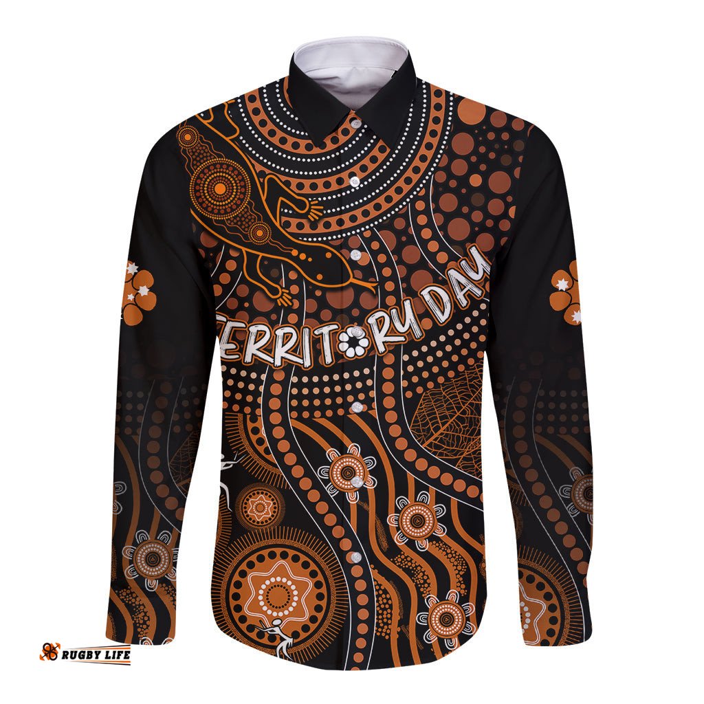 Personalised Northern Territory Day Long Sleeve Button Shirt Indigenous Sun and Life Art