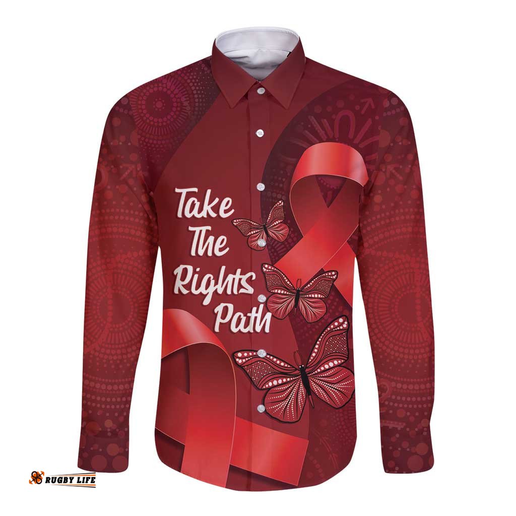 Australia AIDS Awareness Month Long Sleeve Button Shirt Take The Rights Path Aboriginal Art