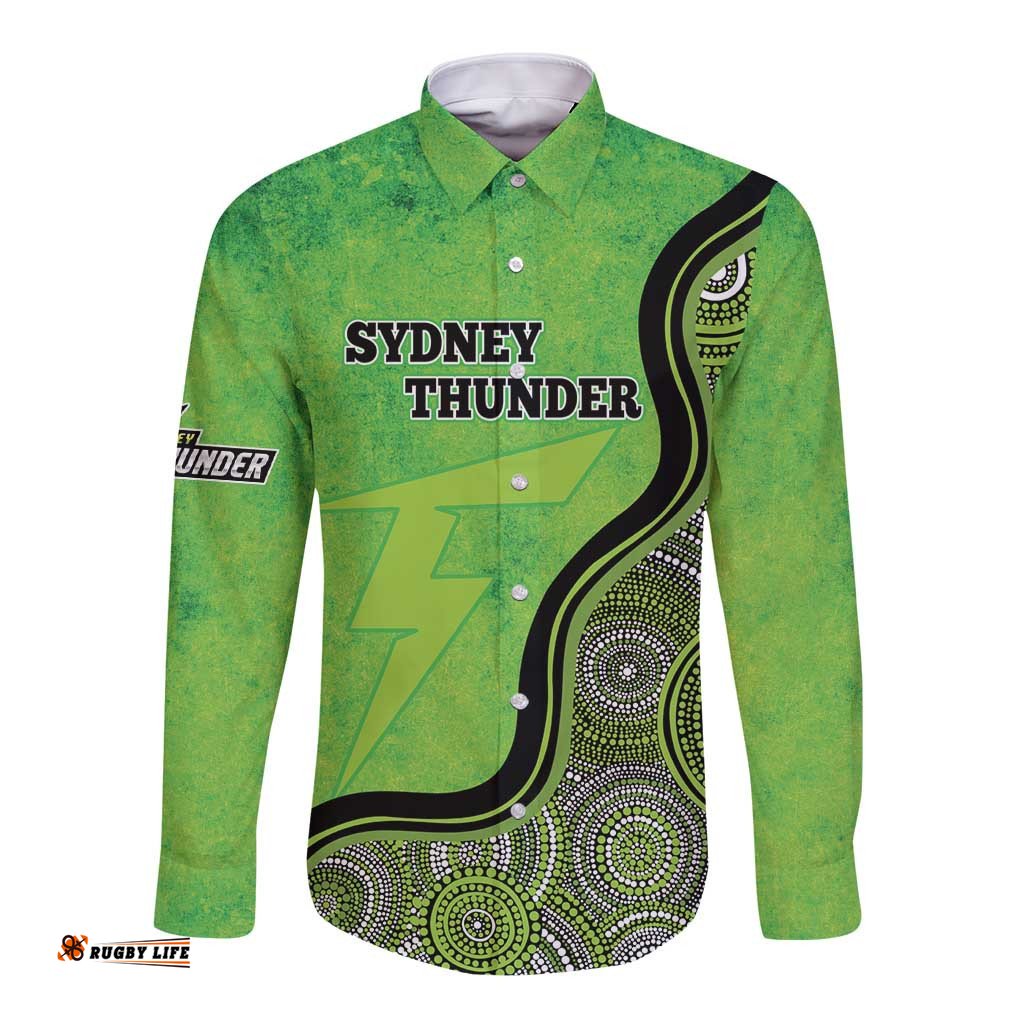 Custom Sydney Thunder Long Sleeve Button Shirt Indigenous Art - Grunge Style