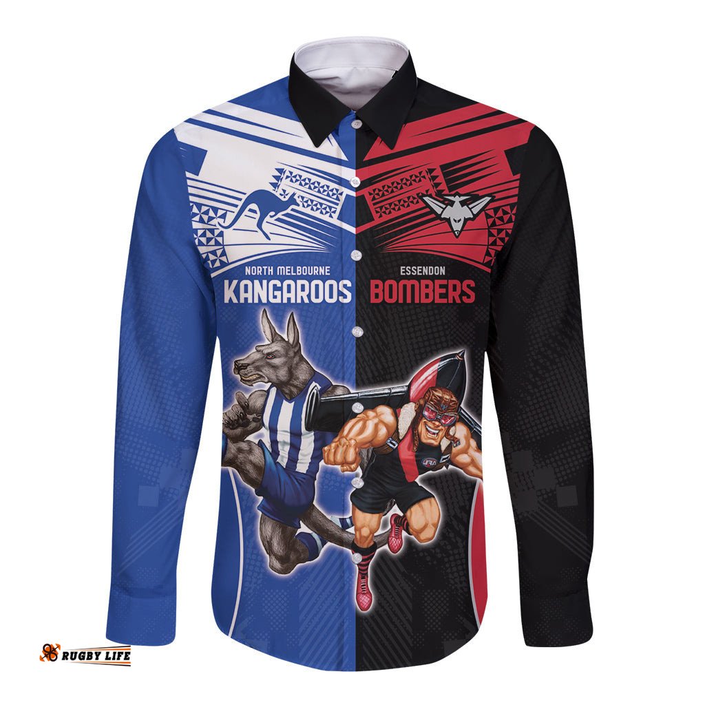 Custom Kangaroos and Bombers Long Sleeve Button Shirt Together Sporty Style