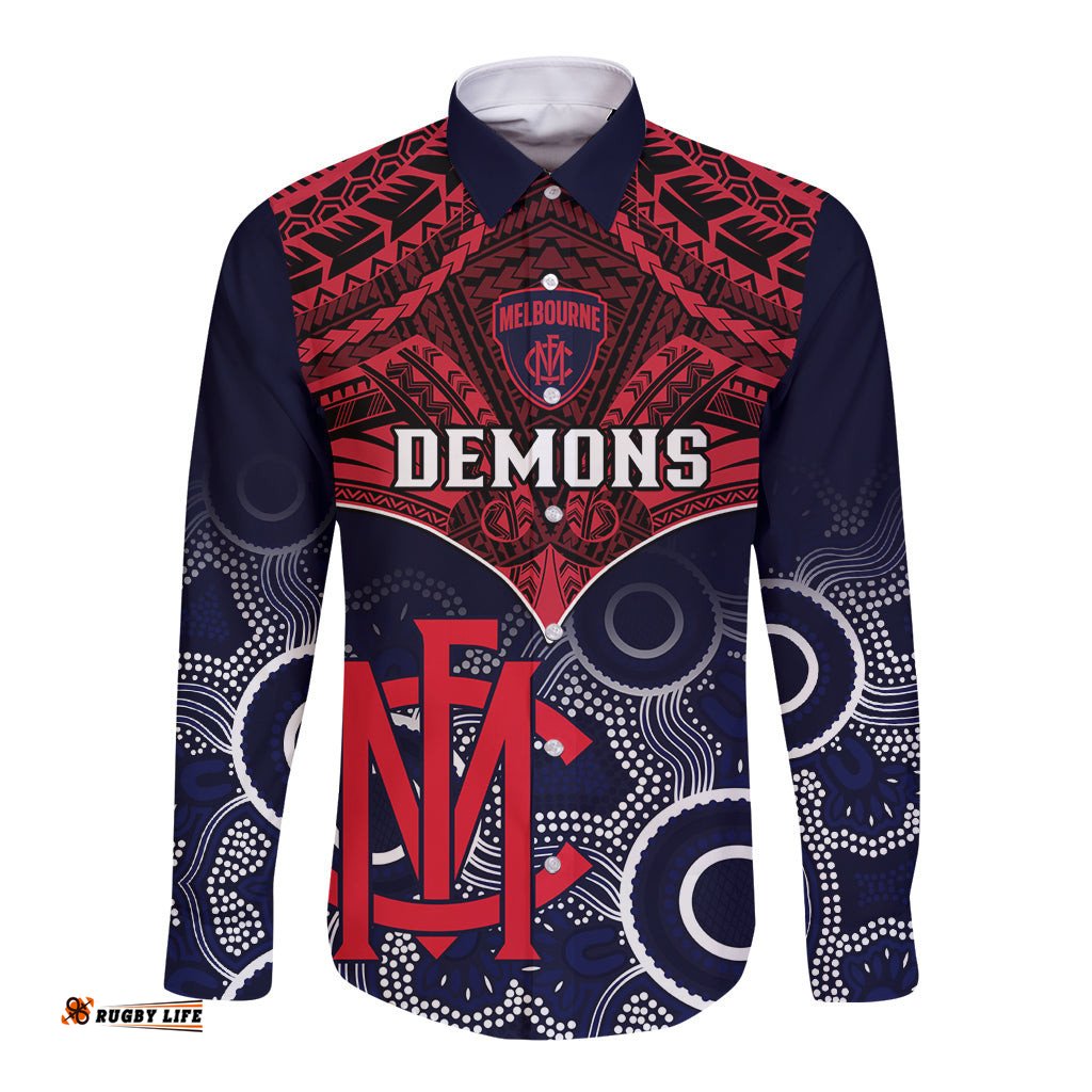 Personalised Melbourne Football Long Sleeve Button Shirt Go Demons Aboriginal Mix Polynesian Pattern