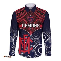 Personalised Melbourne Football Long Sleeve Button Shirt Go Demons Aboriginal Mix Polynesian Pattern
