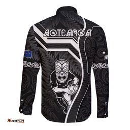 New Zealand Aotearoa Rugby Long Sleeve Button Shirt Black Fern Maori Tribal Sporty Style