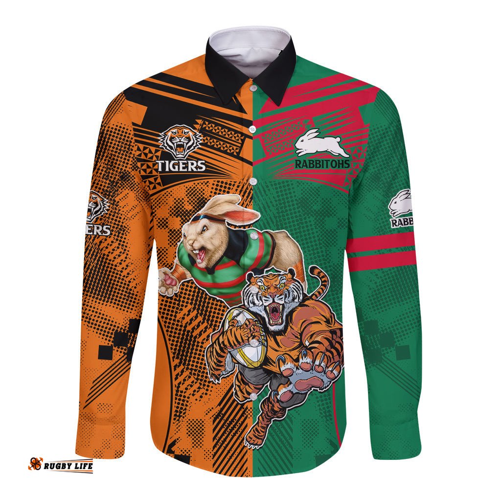 Custom Wests Tigers and Rabbitohs Rugby Long Sleeve Button Shirt Sporty Style