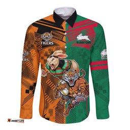 Custom Wests Tigers and Rabbitohs Rugby Long Sleeve Button Shirt Sporty Style