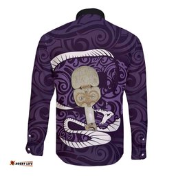Purple New Zealand Eel Long Sleeve Button Shirt Aotearoa Maori Tuna With Kotiate Weapon